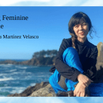 Woman sitting in front of beach. Text reads: Fighting Feminine Genocide with Cintia Martinez Velasco.